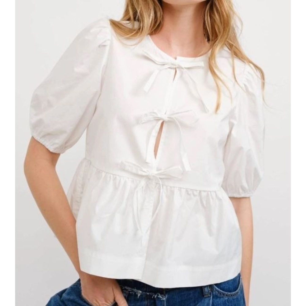NEW Aaron & Amber Tie Front‎ Peplum Blouse Size Large Cotton Coquette Girly NWT - Picture 3 of 9